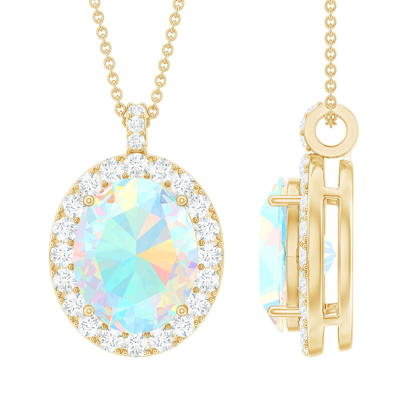 Real 1 Carat Ethiopian Opal Oval Pendant Necklace with Diamond Halo