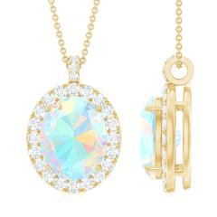 Real 1 Carat Ethiopian Opal Oval Pendant Necklace with Diamond Halo