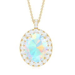 Real 1 Carat Ethiopian Opal Oval Pendant Necklace with Diamond Halo