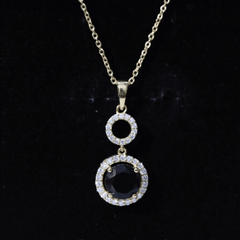 Natural 2 CT Round Black Onyx Necklace with Diamond Halo