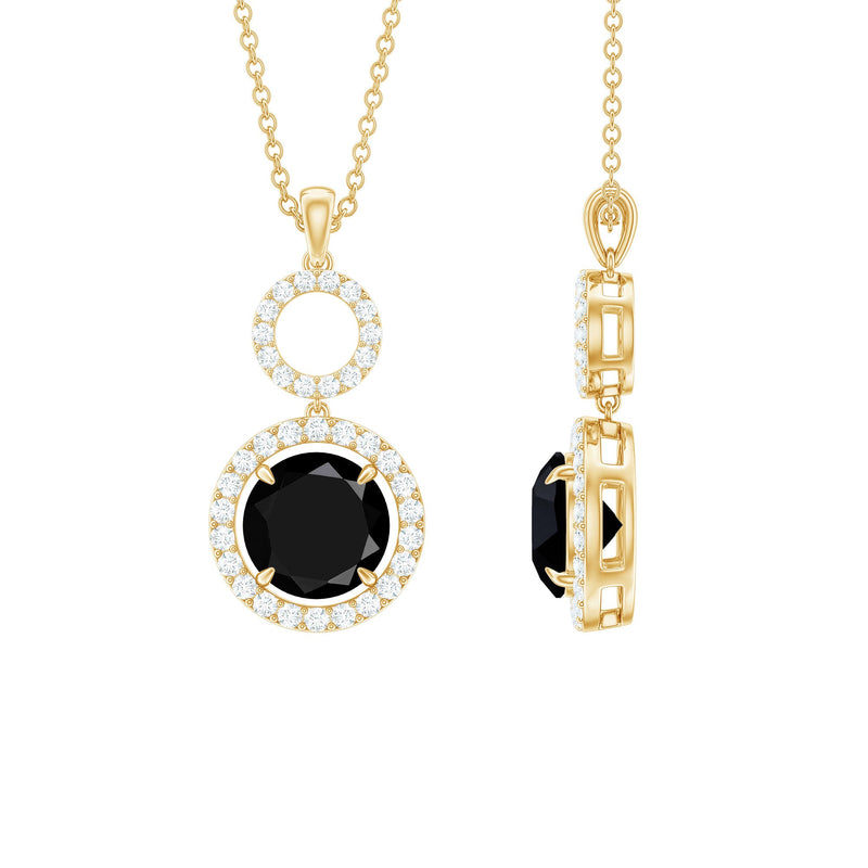 Natural 2 CT Round Black Onyx Necklace with Diamond Halo