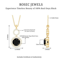 Natural 2 CT Round Black Onyx Necklace with Diamond Halo