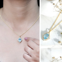 Vintage Style Sky Blue Topaz Diamond Halo Necklace