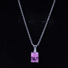 Emerald Cut 1.75 Carat Lab Grown Pink Sapphire Solitaire Necklace with Diamond