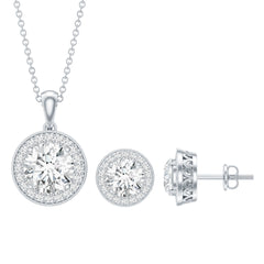 Certified 4 Carat Round Cubic Zirconia Halo Necklace and Earrings in Silver