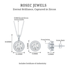 Certified 4 Carat Round Cubic Zirconia Halo Necklace and Earrings in Silver