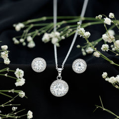Certified 4 Carat Round Cubic Zirconia Halo Necklace and Earrings in Silver