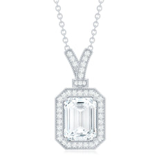 Lab Created Diamond 6X8 MM Emerald Cut Halo Necklace