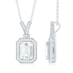 Lab Created Diamond 6X8 MM Emerald Cut Halo Necklace