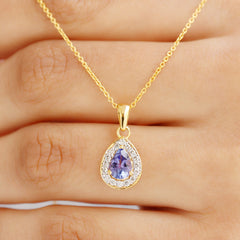 Tanzanite Teardrop Halo Pendant Necklace