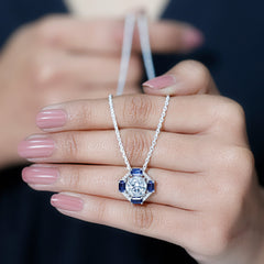 Certified Moissanite Sapphire Vintage Necklace with Silver Chain