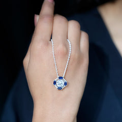 Certified Moissanite Sapphire Vintage Necklace with Silver Chain