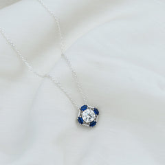 Certified Moissanite Sapphire Vintage Necklace with Silver Chain