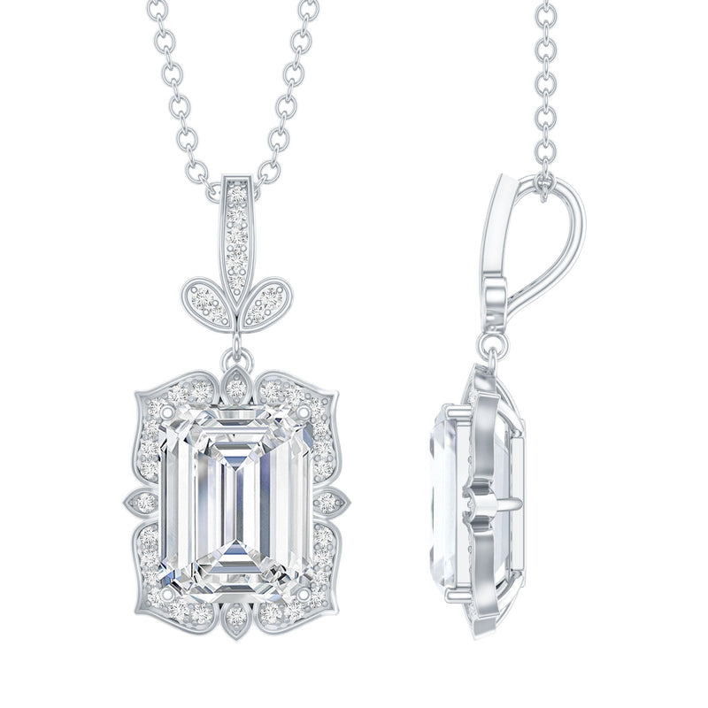Vintage Inspired Moissanite Emerald Cut Necklace With Chain