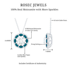 Certified 2 CT Moissanite and London Blue Topaz Flower Necklace With Silver Chain