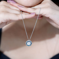 Certified 2 CT Moissanite and London Blue Topaz Flower Necklace With Silver Chain
