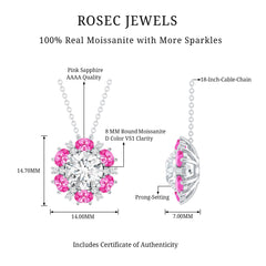 Certified 2 CT Moissanite and Lab Grown Pink Sapphire Flower Pendant Necklace