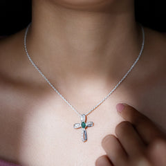 Certified Lab Grown Emerald Christian Cross Necklace With Silver Chain