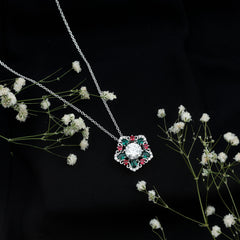 Certified 2 Carat Moissanite Statement Necklace with Lab Ruby and Emerald