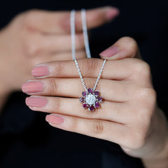 8 MM Moissanite Designer Necklace with Rhodolite