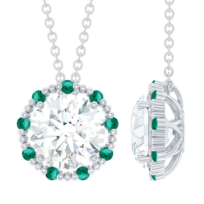 Vintage Style 2 CT Moissanite Solitaire Pendant with Lab Emerald