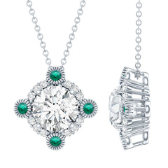 Moissanite Vintage Inspired Necklace with Lab Emerald