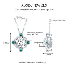 Moissanite Vintage Inspired Necklace with Lab Emerald