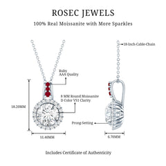 Sterling Silver 2 Carat Moissanite Halo Pendant Necklace with Ruby