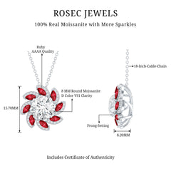 2 Carat Moissanite and Lab Ruby Flower Pendant Necklace