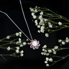 2 Carat Moissanite and Lab Ruby Flower Pendant Necklace