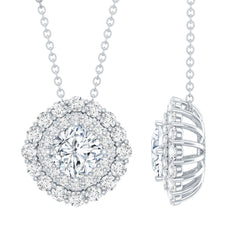 Certified Moissanite Double Halo Pendant Necklace with Chain