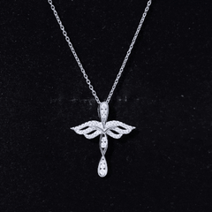 Certified Moissanite Angel Wings Cross Necklace with Silver Chain