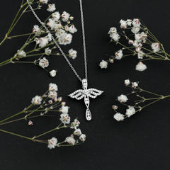 Certified Moissanite Angel Wings Cross Necklace with Silver Chain