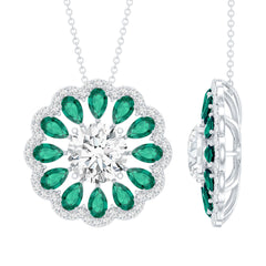 Certified 3 Carat Moissanite Flower Bridal Necklace With Lab Grown Emerald