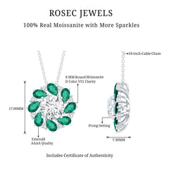Certified Moissanite and Lab Emerald Flower Halo Pendant Necklace