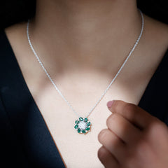 Certified Moissanite and Lab Emerald Flower Halo Pendant Necklace