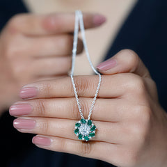 Certified Moissanite and Lab Emerald Flower Halo Pendant Necklace