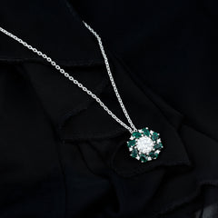 Certified Moissanite and Lab Emerald Flower Halo Pendant Necklace