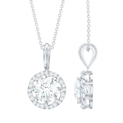 Certified Moissanite Halo Pendant Necklace with Silver Chain