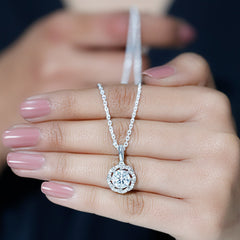 Certified Moissanite Halo Pendant Necklace with Silver Chain