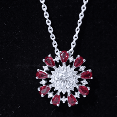 Moissanite Flower Pendant Necklace with Lab Grown Ruby