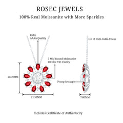 Moissanite Flower Pendant Necklace with Lab Grown Ruby