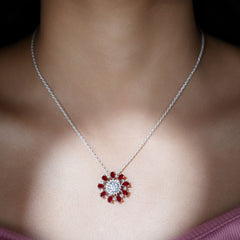 Moissanite Flower Pendant Necklace with Lab Grown Ruby