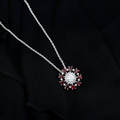 Moissanite Flower Pendant Necklace with Lab Grown Ruby