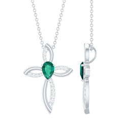 Pear Shape Lab Emerald Cross Locket with Silver Chain