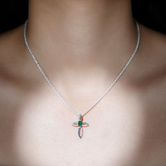 Pear Shape Lab Emerald Cross Locket with Silver Chain