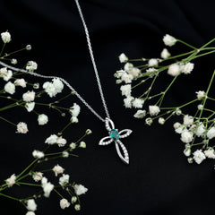 Pear Shape Lab Emerald Cross Locket with Silver Chain