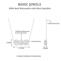 Certified Round Moissanite 3 Stone Bar Necklace with Silver Chain