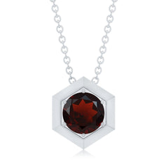 Solitaire Garnet Hexagonal Pendant Necklace