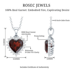Garnet Heart Pendant Necklace with Moissanite Halo